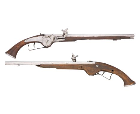 A PAIR OF 28 BORE GERMAN LONG WHEEL-LOCK HOLSTER PISTOLS, SUHL, MID-17TH CENTURY with tapering octagonal barrels inscribed '4