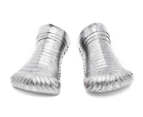 **A PAIR OF SABATONS, PROBABLY NORTH ITALIAN, 'ALLA TEDESCA', EARLY 16TH CENTURY, AND 19TH CENTURY each of broad-toed form an