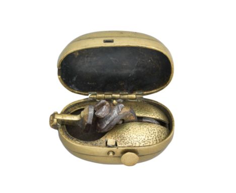 A JAPANESE SMALL TINDER BOX NETSUKE (HIUCHI), MEIJI PERIOD (1868-1912) with iron and brass action, hinged brass case secured 