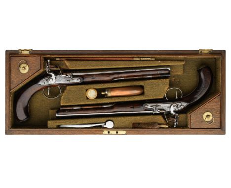 A CASED PAIR OF 32 BORE FLINTLOCK DUELLING PISTOLS BY ROBERT WOGDON, LONDON, CIRCA 1790 with swamped sighted barrels signed o