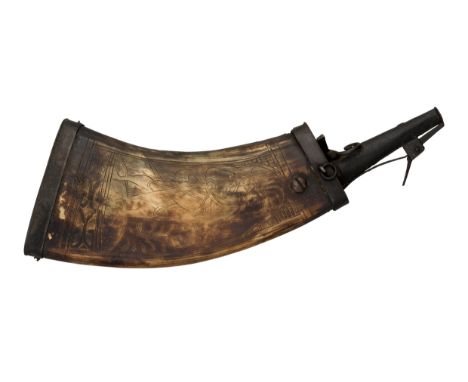 A GERMAN ENGRAVED COWHORN POWDER-FLASK, EARLY 17TH CENTURY with dark stained curved flattened body numbered '71' (warped), th