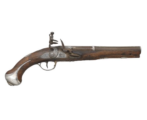 **A 28 BORE FRENCH SILVER-MOUNTED FLINTLOCK HOLSTER PISTOL, DATED 1783, PROBABLY NANCY with two-stage etched barrel decorated