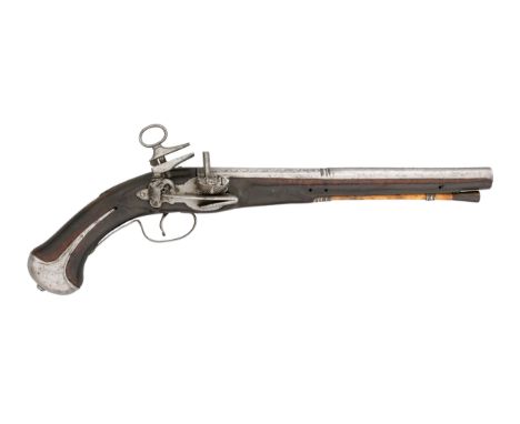 A 20 BORE SPANISH MIQUELET-LOCK PISTOL, RIPOLL, LATE 17TH/EARLY 18TH CENTURY with two-stage barrel engraved with foliage, the