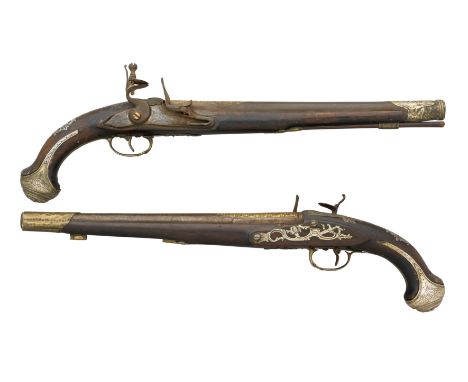 A PAIR OF 18 BORE TURKISH FLINTLOCK HOLSTER PISTOLS WITH GERMAN LOCKS BY JOHAN ULRICH MANTZ, EARLY 19TH CENTURY with tapering