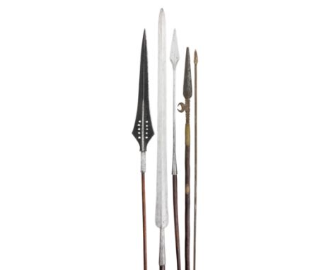 **FIVE AFRICAN SPEARS, 19TH CENTURY the first probably Congo, with leaf-shaped partially blackened head formed with a medial 