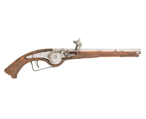 A 28 BORE GERMAN LONG WHEEL-LOCK HOLSTER PISTOL, MID-17TH CENTURY with tapering octagonal barrel (shortened), bevelled lock w
