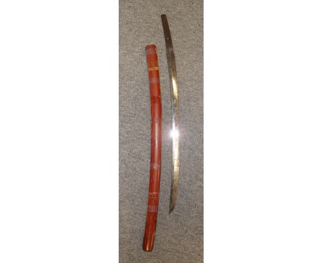 A JAPANESE SWORD (KATANA) with curved single-edged blade (stained, areas of light pitting), signed tang pierced with a single