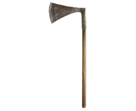 **A SO-CALLED HEADSMAN'S AXE, 19TH CENTURY with flaring blade of flattened wedge-shaped section, one side with low bevelled e
