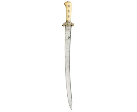 A GERMAN HUNTING SWORD, LATE 18TH CENTURY with broad slightly curved blade etched in imitation of watering and formed with a 