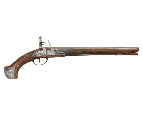 A 25 BORE FRENCH FLINTLOCK HOLSTER PISTOL SIGNED GRUCHE A PARIS, CIRCA 1690 with tapering sighted barrel formed with a long f