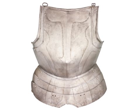A GERMAN BREASTPLATE WITH EMBOSSED DECORATION IN THE 'BLACK AND WHITE' FASHION, CIRCA 1580 formed of a medially-ridged main p