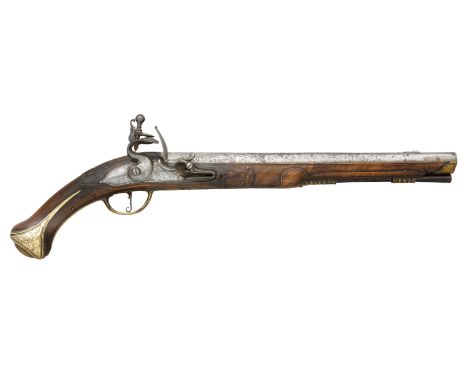 AN 18 BORE AUSTRIAN FLINTLOCK HOLSTER PISTOL BY GEORG KEISER, VIENNA, CIRCA 1700 with tapering sighted barrel formed in three