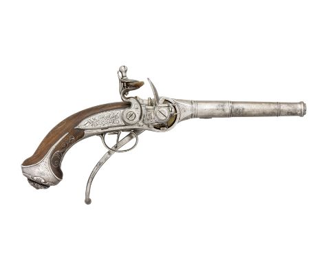 A RARE 40 BORE SILVER-MOUNTED FLINTLOCK BREECH-LOADING REPEATING PISTOL ON THE LORENZONI PRINCIPLE BY WILSON, PROBABLY WILLIA