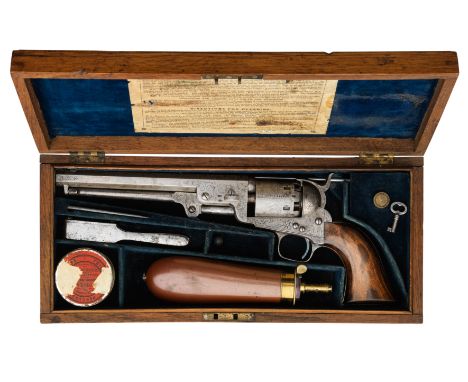A CASED .36 CALIBRE COLT LONDON THIRD MODEL 1851 SIX-SHOT PERCUSSION NAVY REVOLVER WITH FACTORY ENGRAVING, LONDON PROOF MARKS