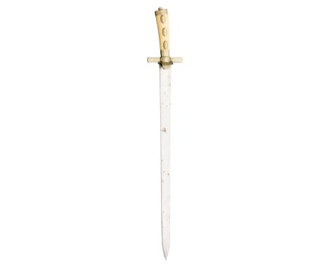 A GERMAN HUNTING SWORD, 19TH CENTURY with polished blade, German silver hilt including a pair of straight quillons, and ivori