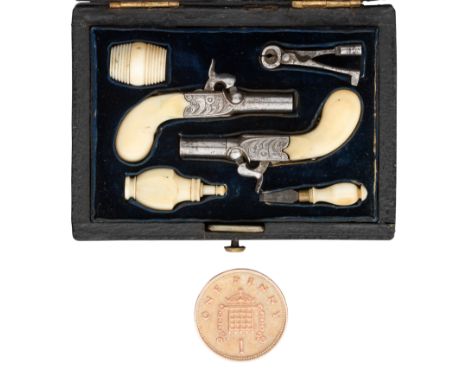 A MINIATURE CASED PAIR OF CONTINENTAL PERCUSSION POCKET PISTOLS, MID-19TH CENTURY, PROBABLY BELGIAN with turn-off barrels (se