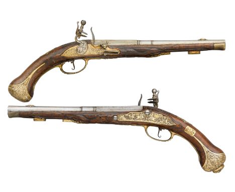 A PAIR OF BOHEMIAN (CARLSBAD) FLINTLOCK HOLSTER PISTOLS, CIRCA 1750-60 with tapering barrels formed after the Brescian fashio