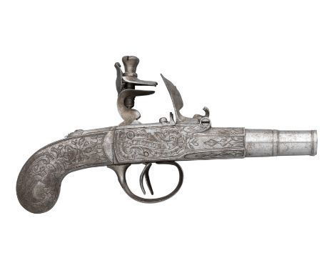 A 10 BORE D.B. LIEGOIS FLINTLOCK POCKET PISTOL FORMED ENTIRELY OF STEEL SIGNED CEGALLAS, LONDON, MID-18TH CENTURY with turn-o