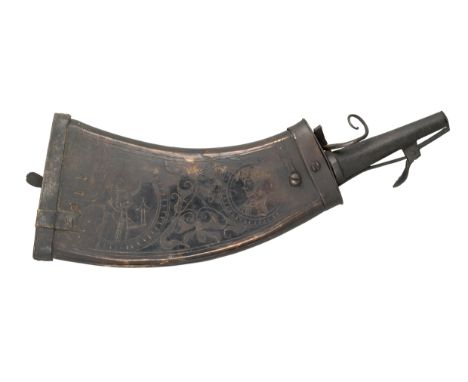 A GERMAN ENGRAVED COWHORN POWDER-FLASK, EARLY 17TH CENTURY with dark stained curved flattened body numbered '116', the inner 