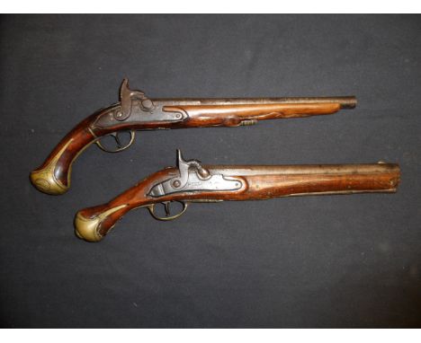 A 12 BORE COMPOSITE GERMAN PISTOL AND A 16 BORE SOUTH GERMAN PERCUSSION PISTOL, CIRCA 1760 converted from flintlock, the firs