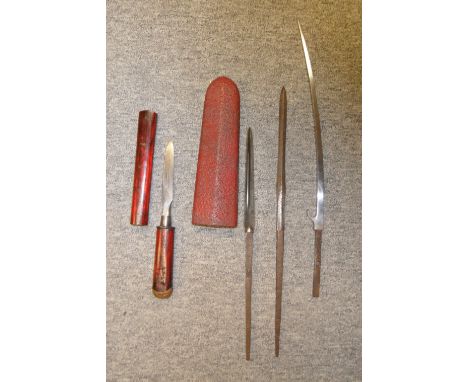 THREE JAPANESE SPEAR HEADS (YARI) AND A FURTHER SPIKE FOR A HAFTED WEAPON the first with blade of triangular-section, grooved