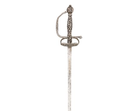 A GERMAN SMALL-SWORD WITH CHISELLED IRON HILT, MID-18TH CENTURY with slender blade of flattened-hexagonal then flattened-diam