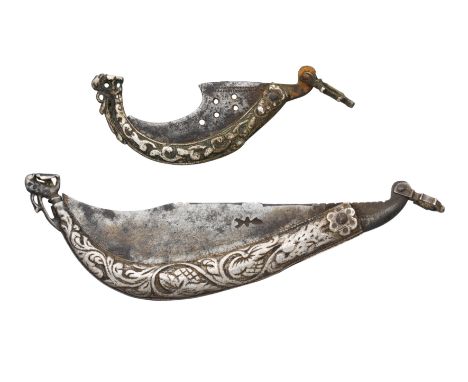 TWO FOLDING POCKET KNIFES, 18TH CENTURY, PROBABLY ITALIAN the first with broad blade formed with a clipped-back point and sta