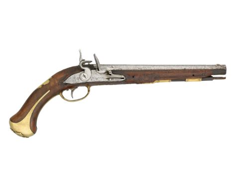 A 22 BORE SOUTH GERMAN FLINTLOCK HOLSTER PISTOL BY C. WOHLHIETER IN BIBERACH, CIRCA 1740 with tapering barrel etched in the T
