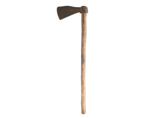 **AN AXE, 18TH/19TH CENTURY with iron head of wedge-shaped section, stamped with a mark on each side, a pair of pellets verti