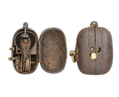 TWO JAPANESE SMALL TINDER BOX NETSUKE (HIUCHI), MEIJI PERIOD (1868-1912) the first with iron and brass action, hinged iron ca