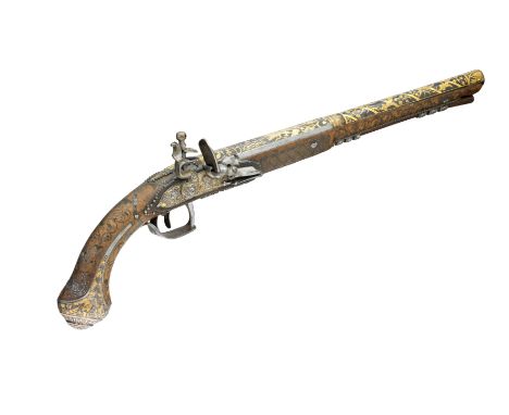 **A FINE 18 BORE LIEGE FLINTLOCK HOLSTER PISTOL FOR PRESENTATION TO AN EASTERN POTENTATE, LIÈGE PROOF, EARLY 19TH CENTURY wit