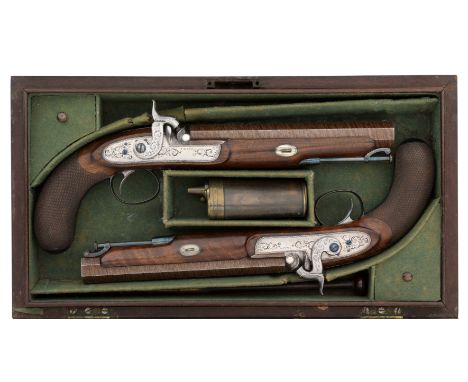 A CASED PAIR OF 14 BORE PERCUSSION OFFICER'S PISTOLS BY I. LANG, CIRCA 1840 with browned twist octagonal sighted barrels fitt