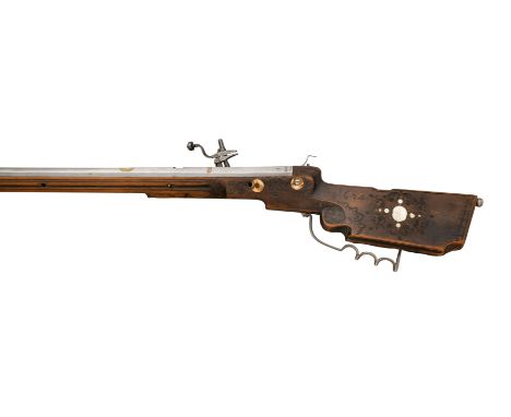 A 35-BORE GERMAN WHEEL-LOCK SPORTING CARBINE, DATED 1674 with swamped octagonal sighted barrel cut with eight grooves, struck