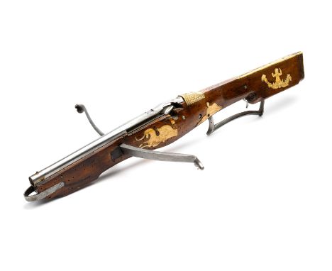 A GERMAN SPORTING BULLET CROSSBOW (SLURBOW), LATE 17TH CENTURY with small steel bow, walnut tiller swelling about the release