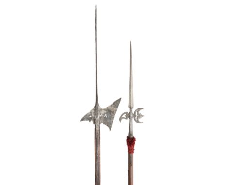 **A GERMAN HALBERD, LATE 16TH CENTURY AND A NORTH EUROPEAN HALBERD, LATE 17TH CENTURY the first with very long central spike,