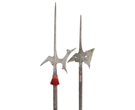 **AN ITALIAN HALBERD, LATE 16TH CENTURY AND A GERMAN HALBERD, PERHAPS LATE 16TH CENTURY the first with long tapering central 