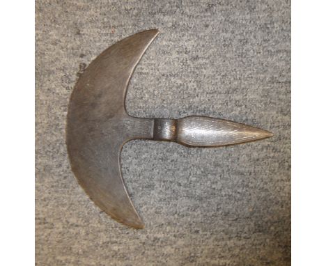**AN INDIAN DECORATED AXE HEAD, LATE 19TH CENTURY with crescentic head swelling around the socket, leaf-shaped rear-spike, de