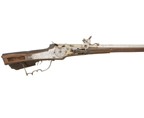 A RARE 52-BORE GERMAN WHEEL-LOCK SPORTING RIFLE WITH SELF-SPANNING LOCK DATED 1653, THE BARREL AND THE STOCK DATED 1666 AND 1