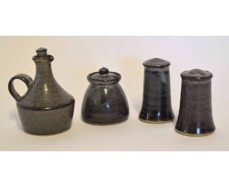 Cruet set and vinegar bottle with stopper, all in Studio Pottery with an impressed Y for the Yelland Potter by Michael Leach,