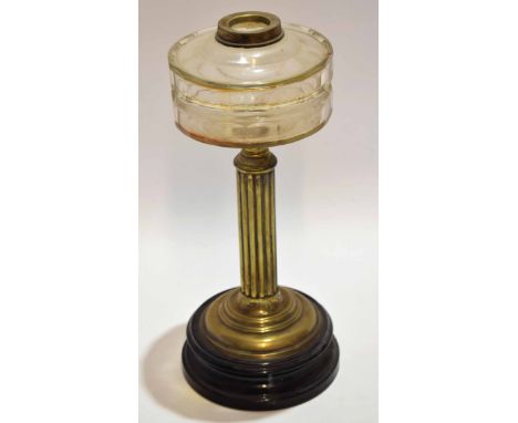 Black ceramic brass and cut clear glass oil lamp stand and reservoir of circular waisted base to a reeded column and faceted 