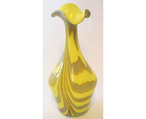 Tall baluster shaped glass vase, decorated with tones of yellow and Murano sticker to edge, 32cm high   