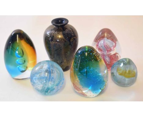 Group of five paperweights and a glass vase modelled in various colours, one paperweight stamped "Caithness", the vase 11cm h