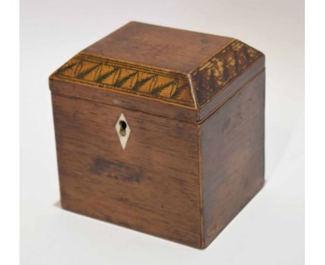 Early 19th century mahogany and boxwood line inlaid tea caddy of rectangular form, the hinged cover with chamfered and decora