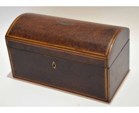 19th century dome top burr walnut and boxwood line inlaid former tea caddy with void interior, width 30cm  