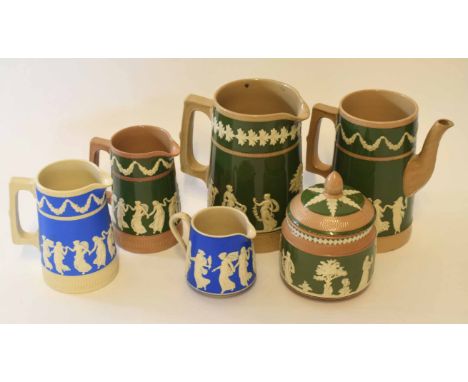 Group of jugs including Copeland Spode examples with a sprigged design in green and blue 