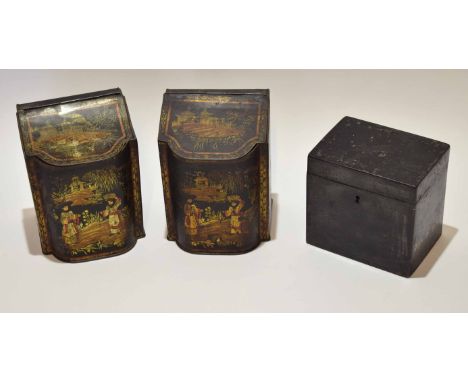 Mixed Lot: pair of fall front and gilt highlighted tin tea canisters, each with serpentine fronts, decorated throughout with 