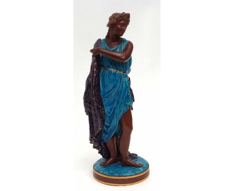 Large 19th century Worcester figure of a classical maiden in a blue dress on circular blue stand holding a purple cloak (crac
