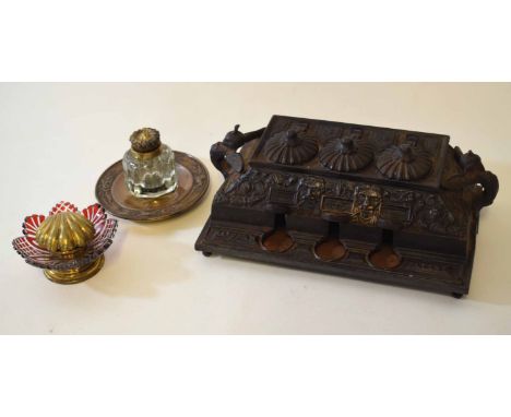 Mixed Lot: unusual "Salters" patent cast iron inkwell of rectangular form with cast and applied side handles and three hinged