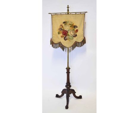 19th century mahogany pole screen, with stumpwork panel, brass shaft and mahogany tripod base, 146cm high  