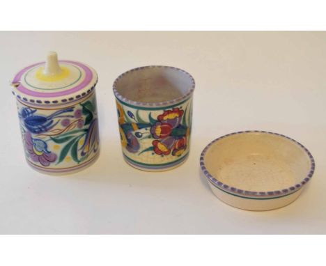 Poole jar and cover and a further Poole pot with stand, the pot with stand circa 1930s, 9cm high 
